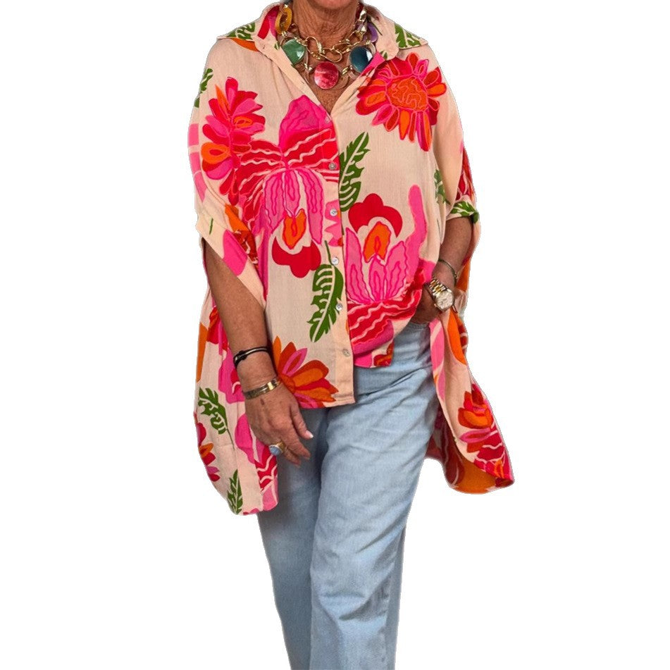 Damen Kimono Bluse Bunt Blumen Design