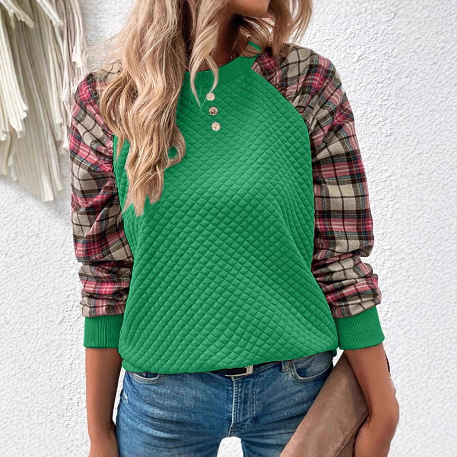 Damen Sweatshirt Gitterstruktur Karierte Ärmel Eveloria