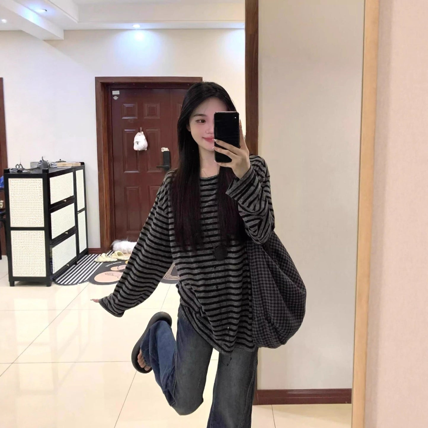 Damen Oversized-Shirt Gestreift Weite Ärmel -Weiß