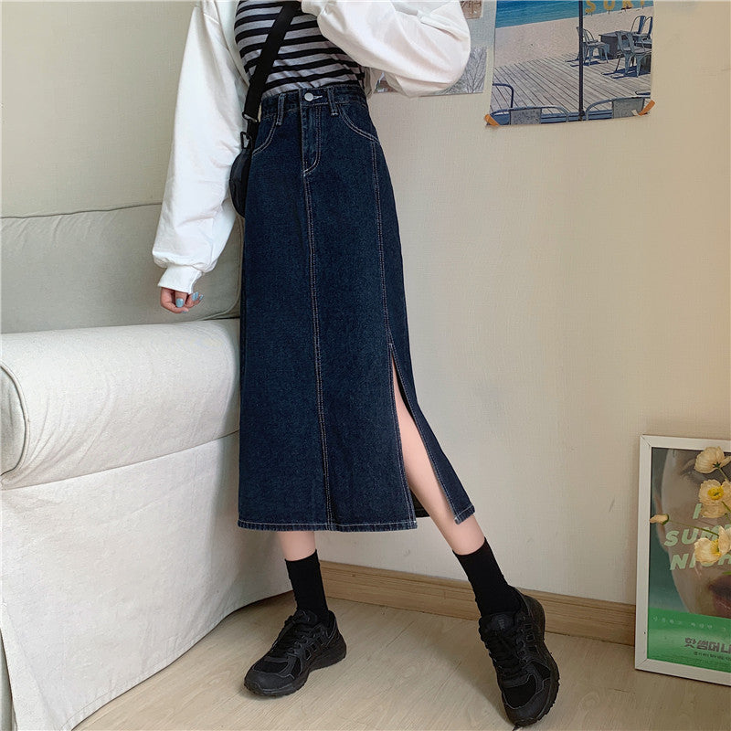 Damen Denim-Rock Lang Mit Seitlichem Schlitz Blau - Eveloria