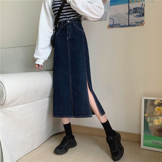 Damen Denim-Rock Lang Mit Seitlichem Schlitz Blau - Eveloria