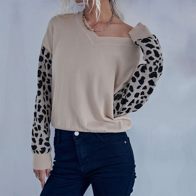 Damen Strickpullover V-Ausschnitt Leopardenmuster Ärmel - Eveloria