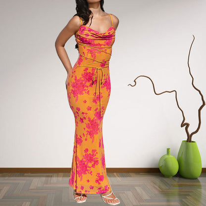 Damen Maxi-Kleid Elegant Wasserfallausschnitt Spaghetti-Träger