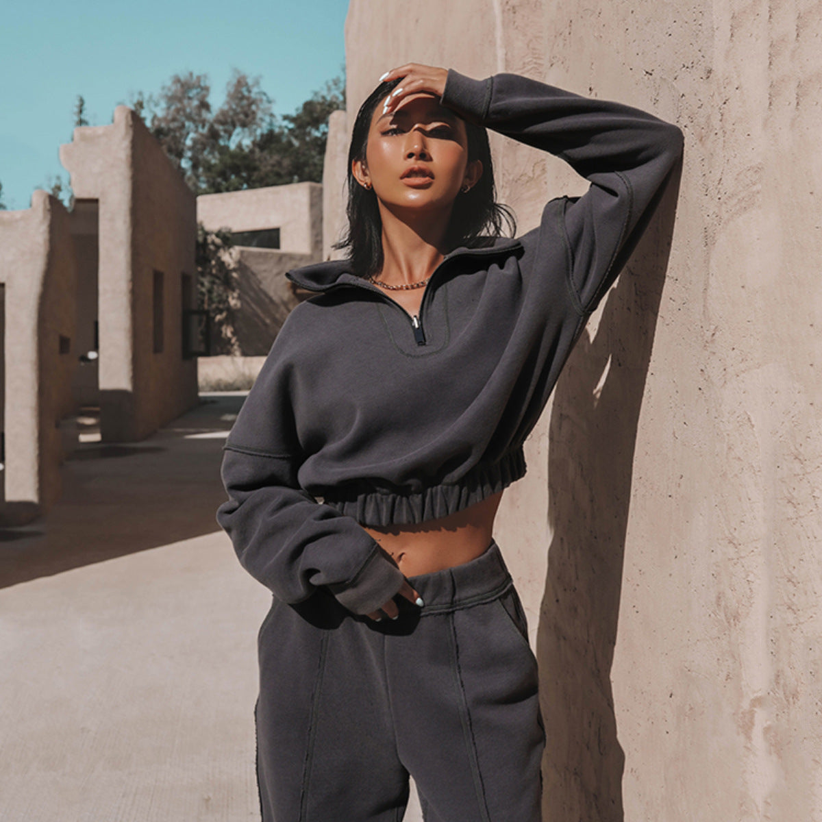 Damen Hoodie Cropped Reißverschluss Gummizug Grau
