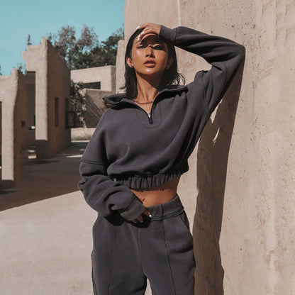 Damen Hoodie Cropped Reißverschluss Gummizug Grau