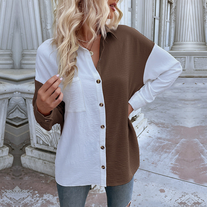Damen Oversized Blusenhemd 2-Farb-Design Knopfdetails
