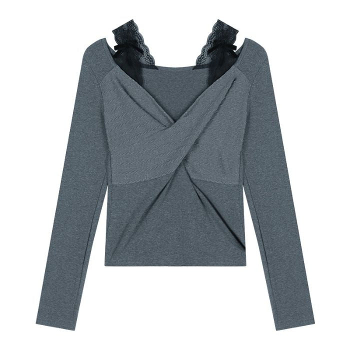 Damen Langarmshirt Spitze Raffung Elegant Weiß
