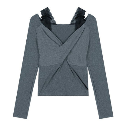 Damen Langarmshirt Spitze Raffung Elegant Weiß