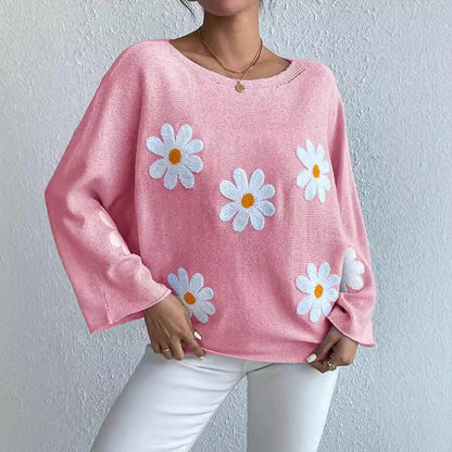 Damen Strickpullover Blumendesign Weit