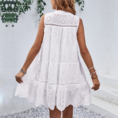 Damen Sommerkleid Luftig Floralmuster Laserdetails Schwingender Saum