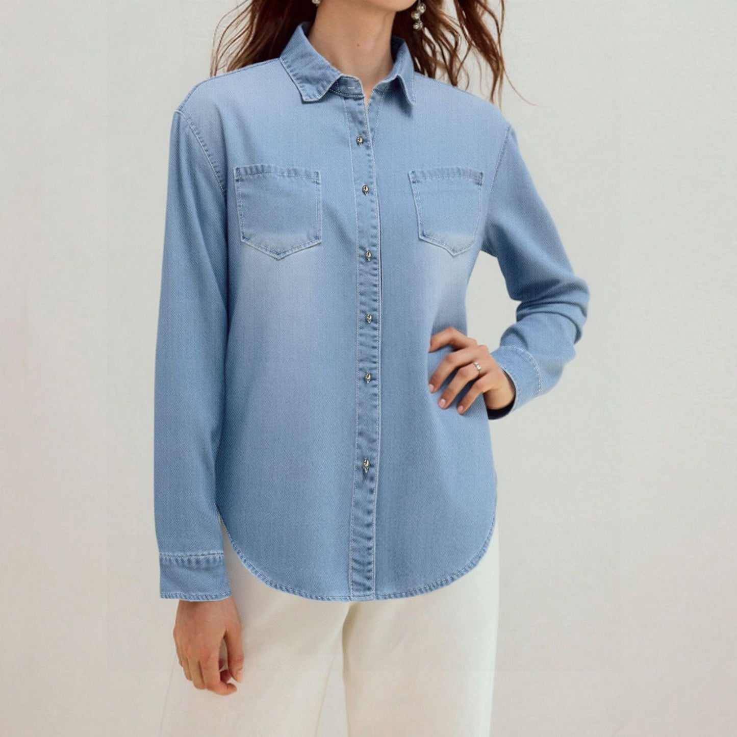Damen Denim Hemd mit Brusttaschen und Knopfleiste Blau Eveloria