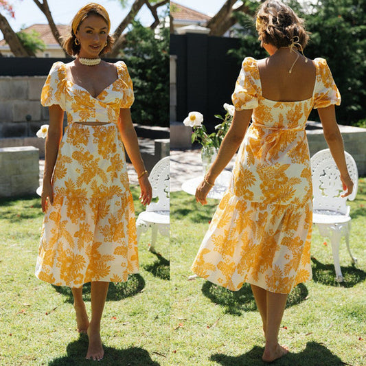Damen Midi Kleid mit Wasserfall-Ausschnitt und Blumenmuster - Eveloria