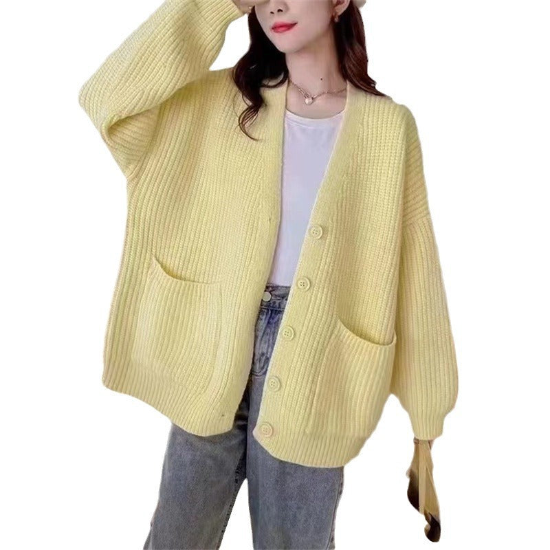 Damen Strickjacke V-Ausschnitt Kuschelig Mit Taschen Grau