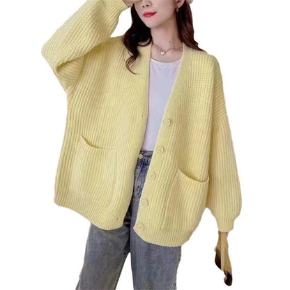Damen Strickjacke V-Ausschnitt Kuschelig Mit Taschen Grau