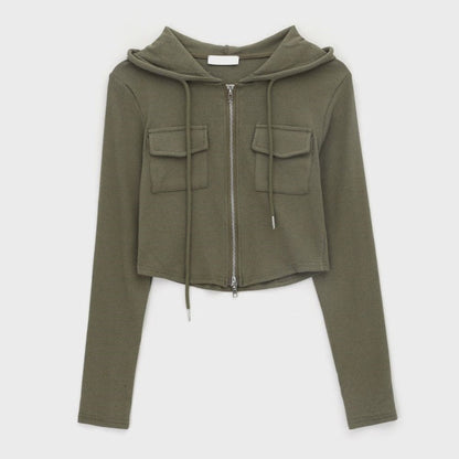 Damen Cropped Freizeitjacke Reißverschluss Kapuze Eveloria
