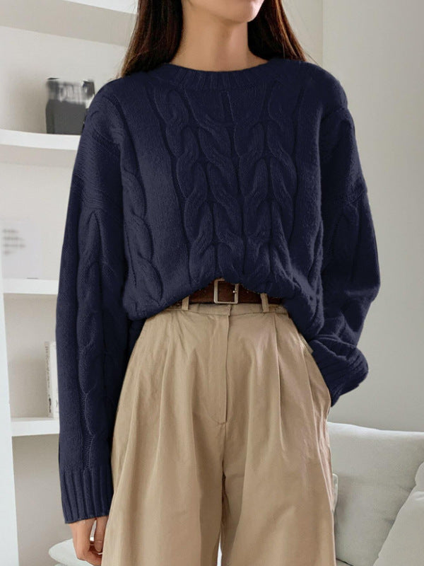 Damen Grobstrickpullover Zopfmuster Weitschnitt