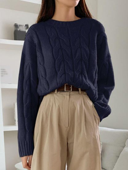 Damen Grobstrickpullover Zopfmuster Weitschnitt