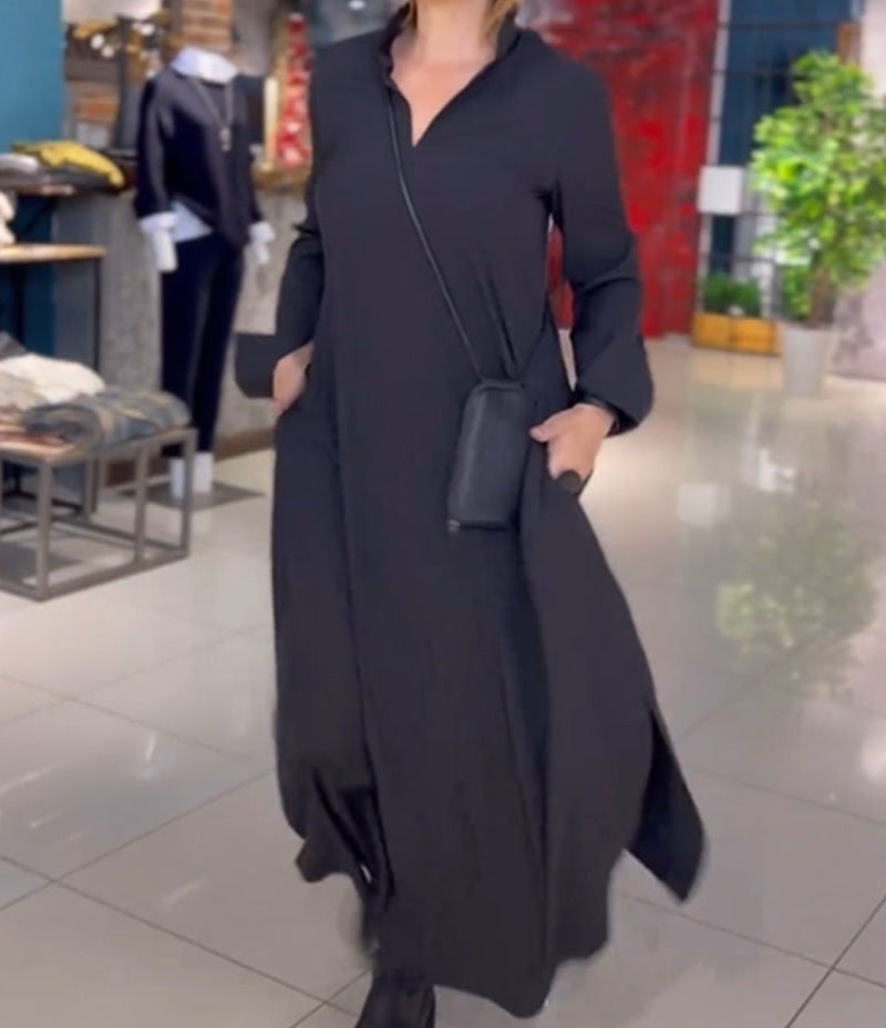 Damen Maxikleid mit Kragen und Taschen Eveloria