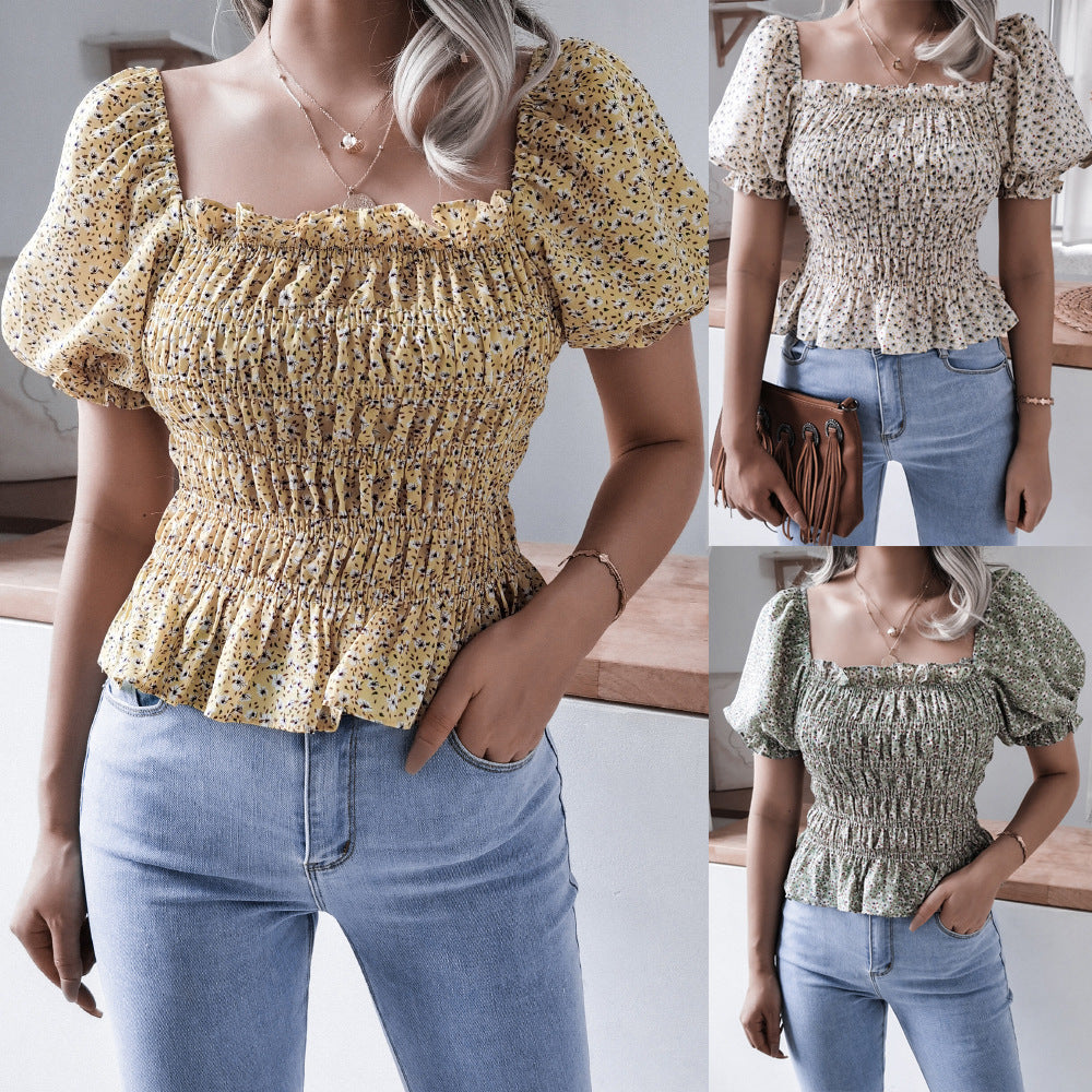 Damen Volantbluse Elastisch Puffärmel Eveloria - Eveloria