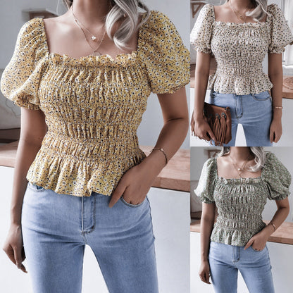 Damen Volantbluse Elastisch Puffärmel Eveloria - Eveloria