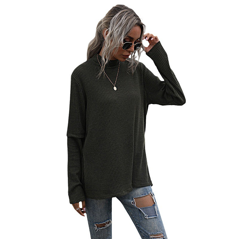 Damen Pullover Hochkragen Strukturiertes Waffelmuster Grau Eveloria
