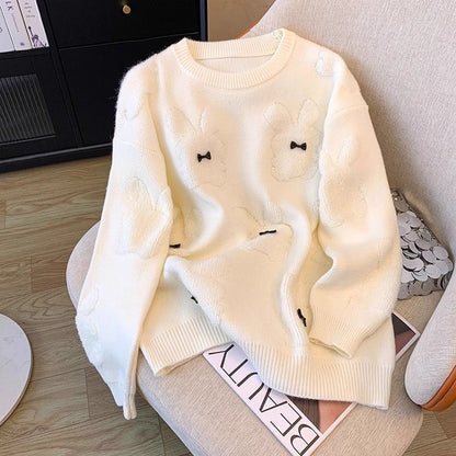 Damen Pullover Kuscheliger Oversized Look mit Tierapplikationen Grau