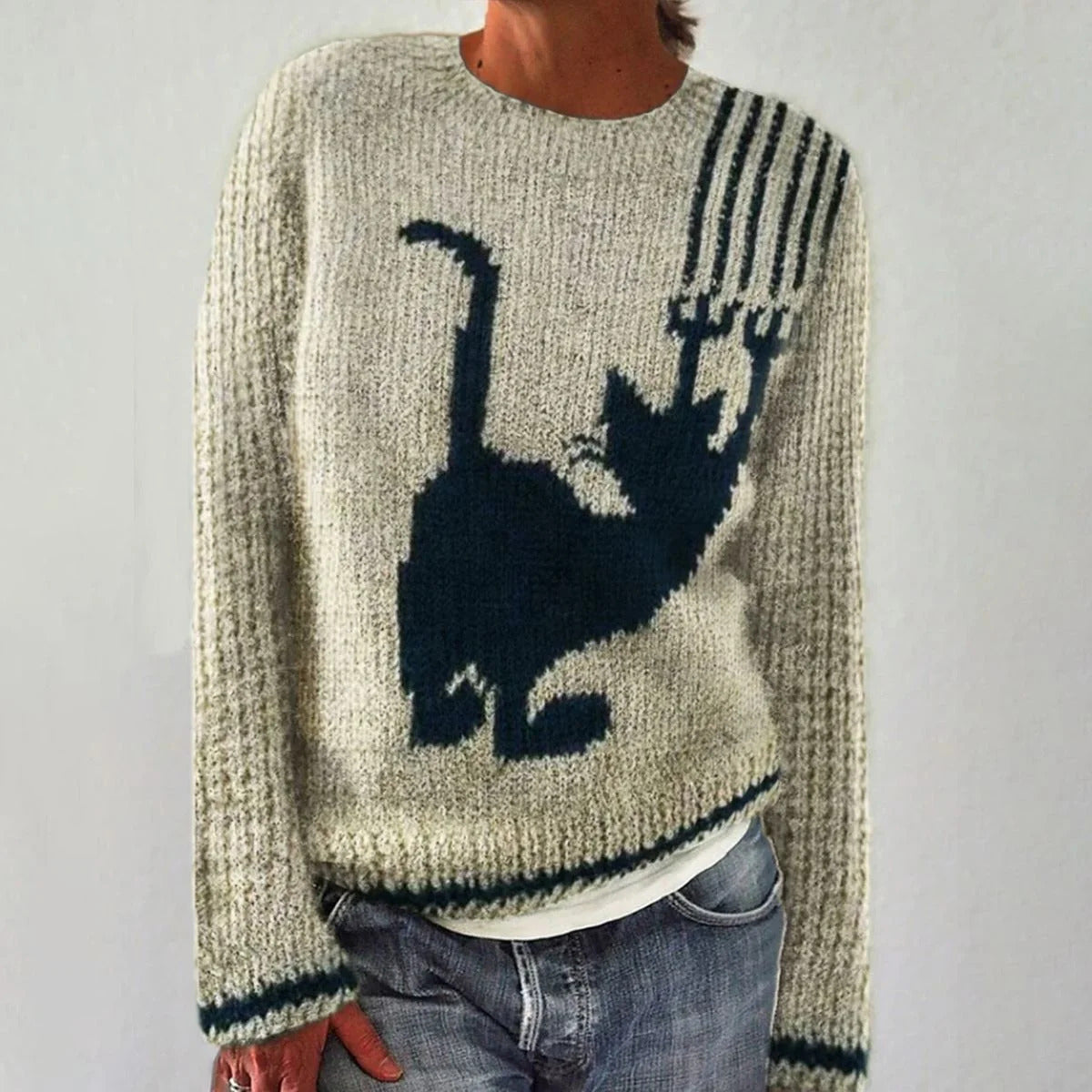Damen Pullover Fuchs-Motiv Gestreifte Ärmel Kuschelig Grün