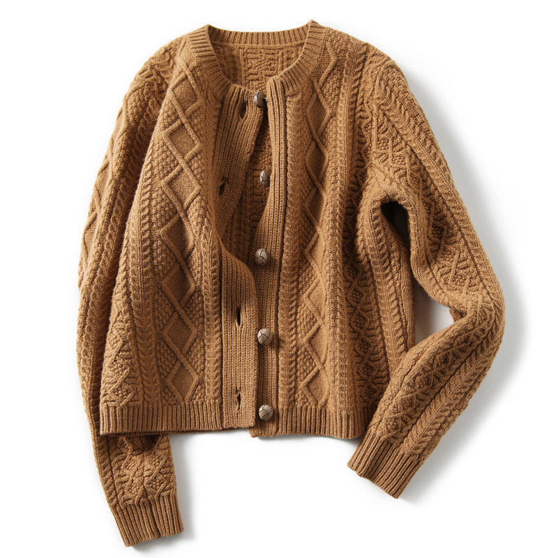 Damen Grobstrickjacke Zopfmuster Dekorative Knöpfe Beige