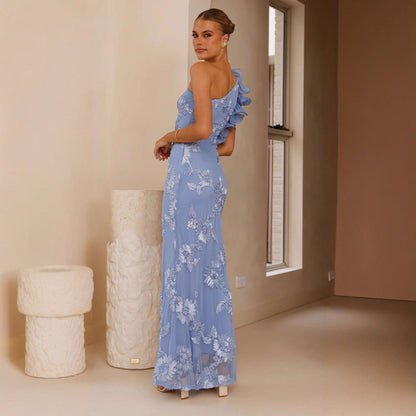 Damen Abendkleid Asymmetrischer Träger Florale Applikationen Eveloria