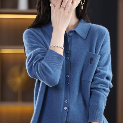 Eveloria Damen Langärmlige Strickjacke Elegant Kragen Knopfleiste
