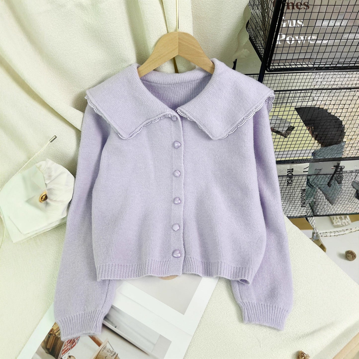 Damen Strickjacke Großer Kragen Dekorative Knöpfe Grau