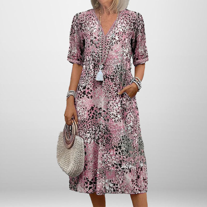 Damen Tunika-Kleid Muster V-Ausschnitt Eveloria