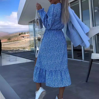 Damen Wickelkleid Floralmuster Volant Knöpfe