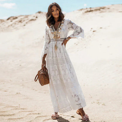 Damen Sommerkleid Bohemian Maxi Langarm