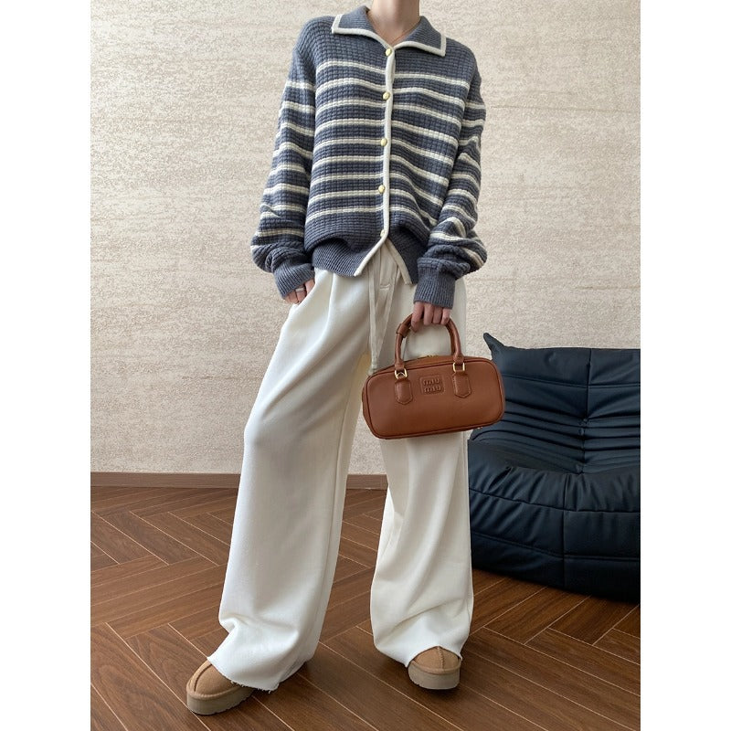 Damen Strickjacke Gestreift mit Druckknöpfen Lässig Beige