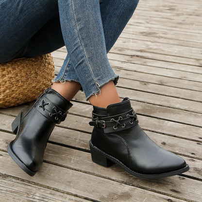 Damen Stiefeletten Spitzem Zeh Blockabsatz Schnürschnalle