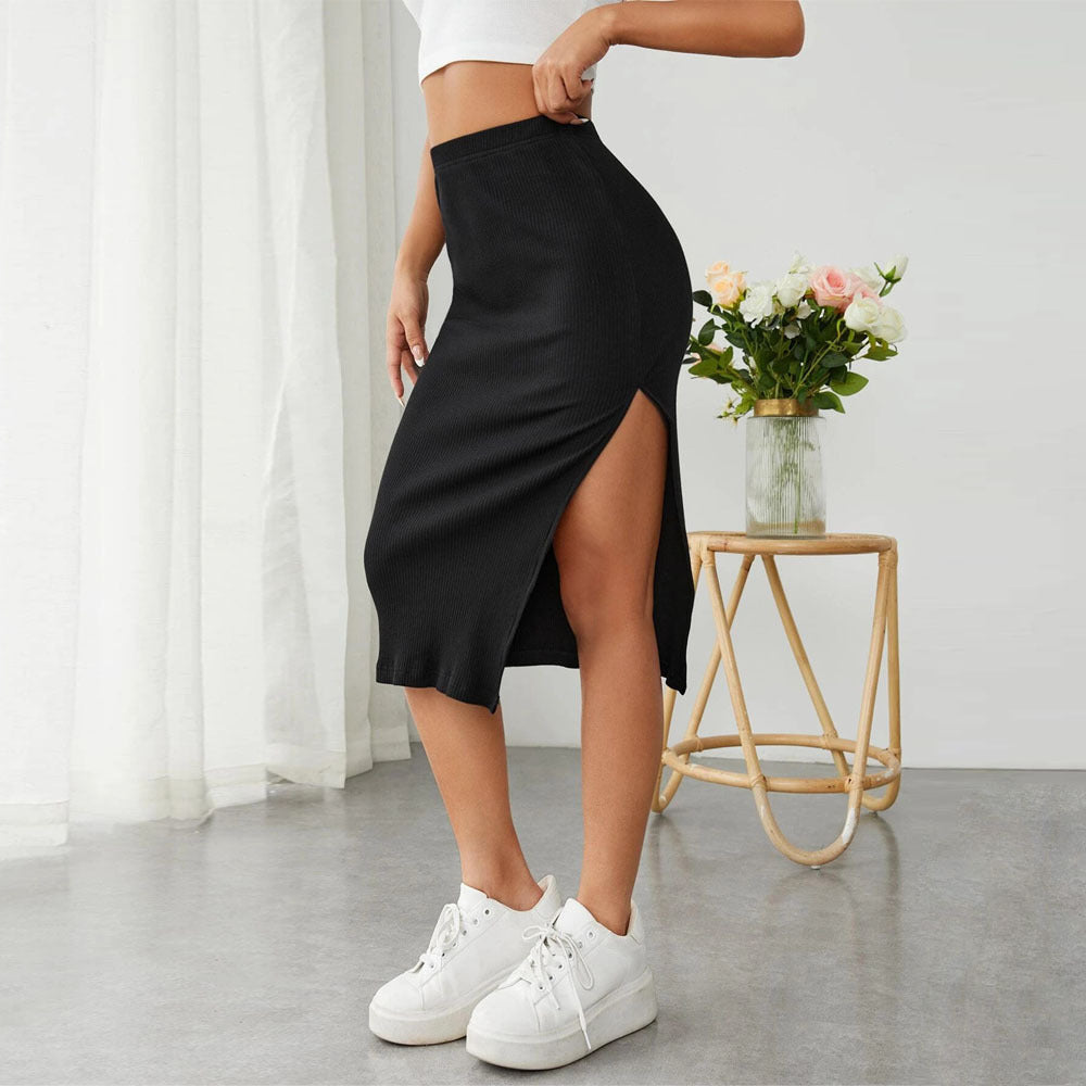 Damen Midirock Schlank Schnitt Seitenschlitz Schwarz Eveloria - Eveloria