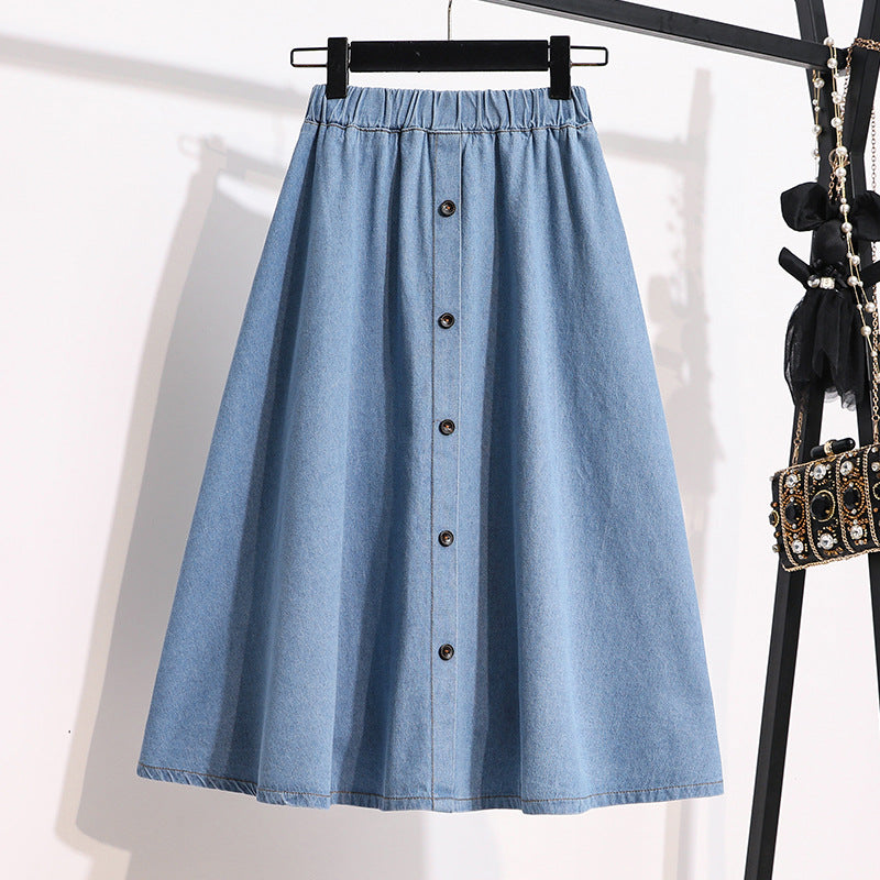 Damen Denim-Rock Lang Dekorative Druckknöpfe Blau