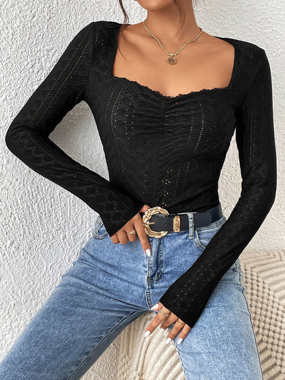 Damen Langarm-Bodysuit Quadratischer Ausschnitt Rüschen