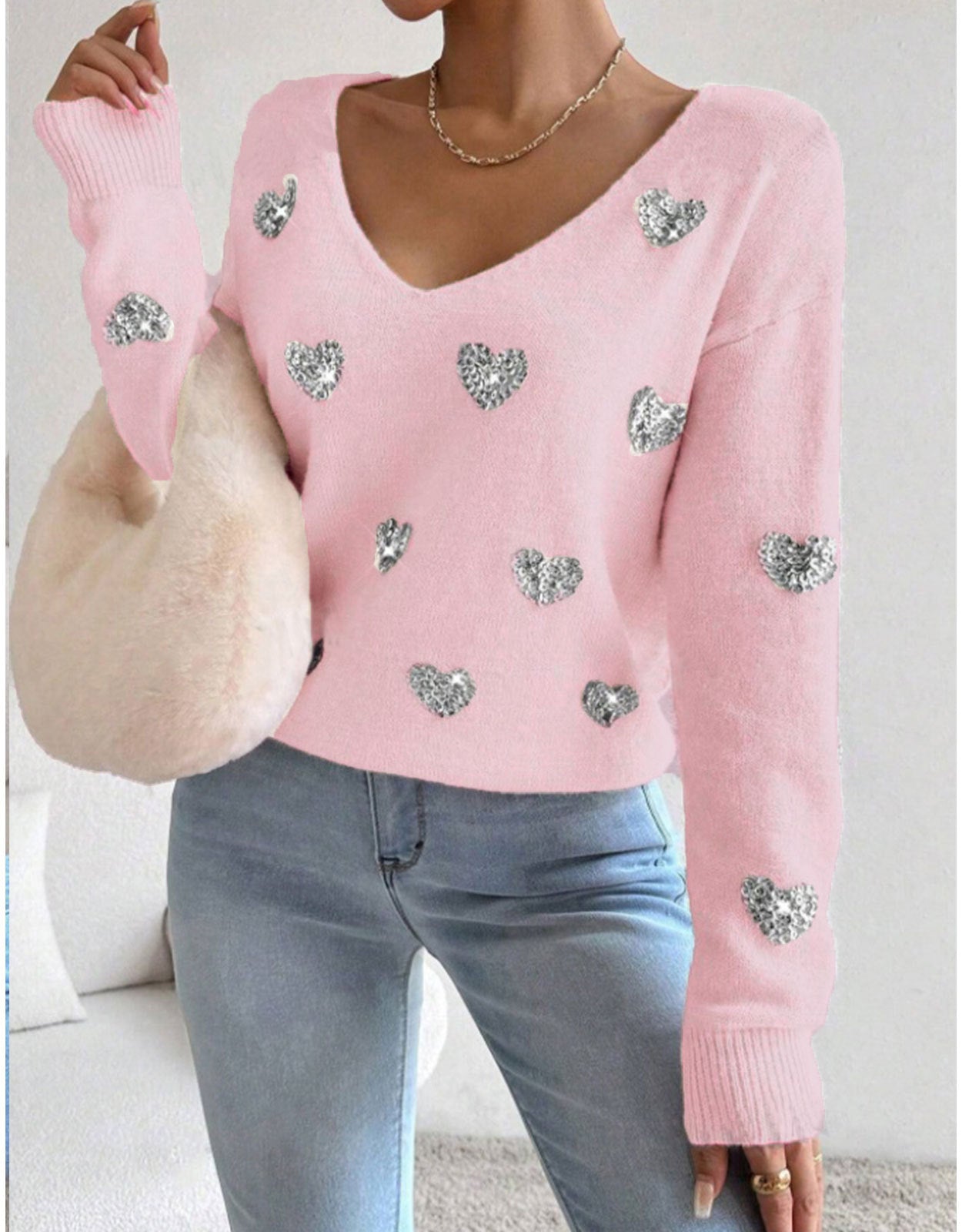 Damen Oversized Pullover V-Ausschnitt Herzmotiv