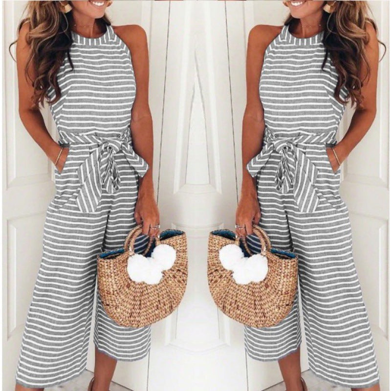 Damen Jumpsuit Streifenmuster Taillengürtel Eveloria