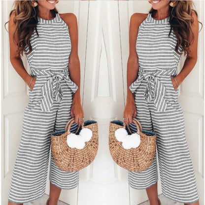 Damen Jumpsuit Streifenmuster Taillengürtel Eveloria