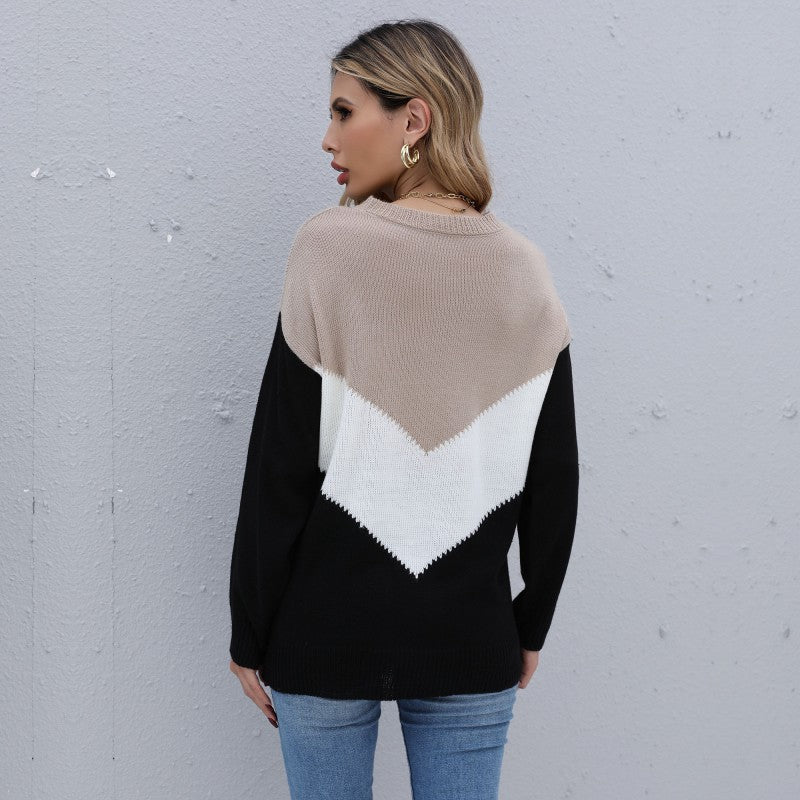 Damen Pullover V-Ausschnitt Geometrisches Muster Grau Eveloria