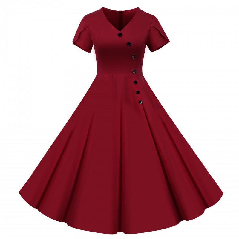 Damen Swingkleid V-Ausschnitt Knöpfe Weit Rock Eveloria