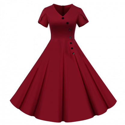 Damen Swingkleid V-Ausschnitt Knöpfe Weit Rock Eveloria