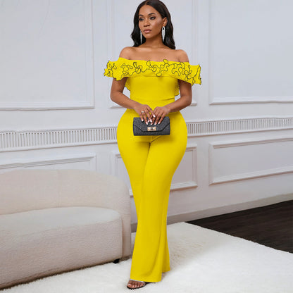 Damen Jumpsuit Voluminöser Rüschenkragen Eleganter Schnitt Eveloria
