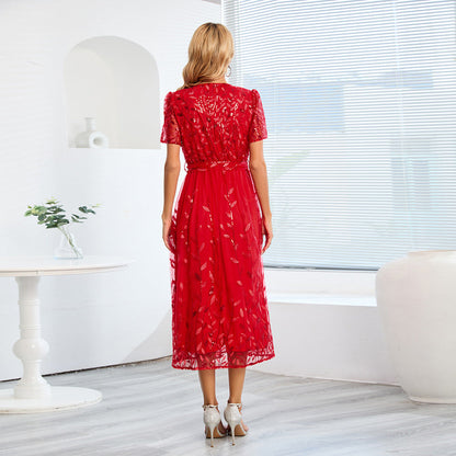 Eveloria Damen Midi Kleid V-Ausschnitt Gürtel Kurzärmelig