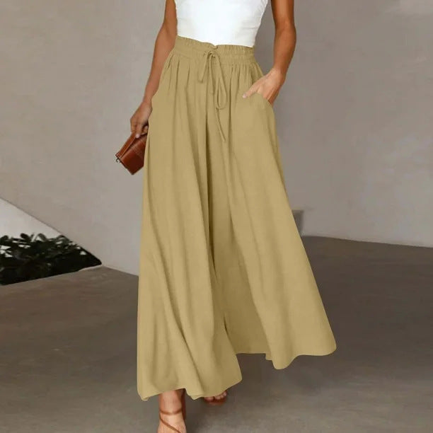 Damen Palazzo-Hose Elastischer Bund Seitentaschen Beige Eveloria