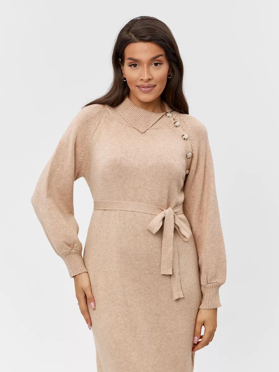 Damen Strickkleid Gürtel Knopfdetails Eveloria