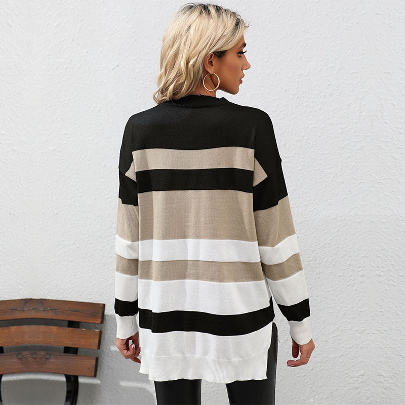 Damen Pullover Gestreift Lässiger Schnitt Kontrastdetails Eveloria